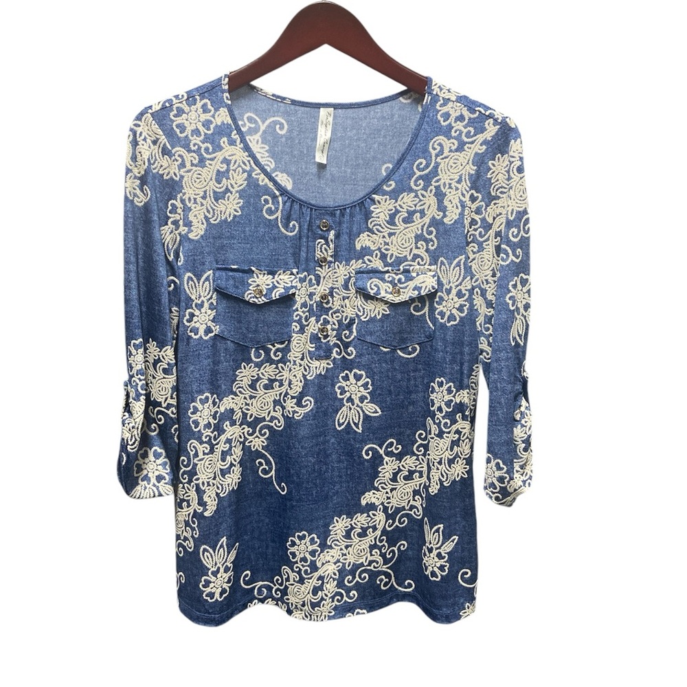 Perception Concept Denim & Floral embroidery Printed Blouse